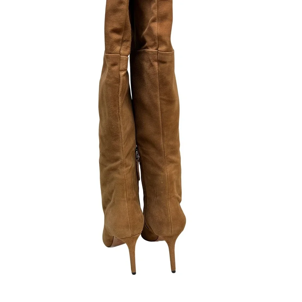Schutz Anamaria Wood Brown Suede Pointed Toe Stiletto Heel Over The Knee Boot 7B